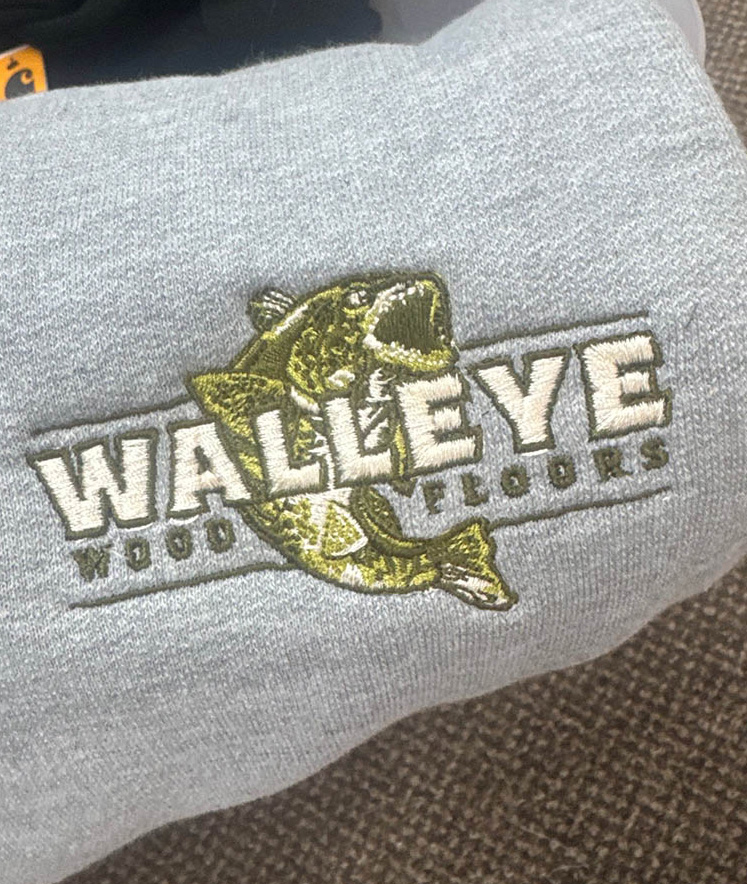 walleye embroidery on a sweatshirt